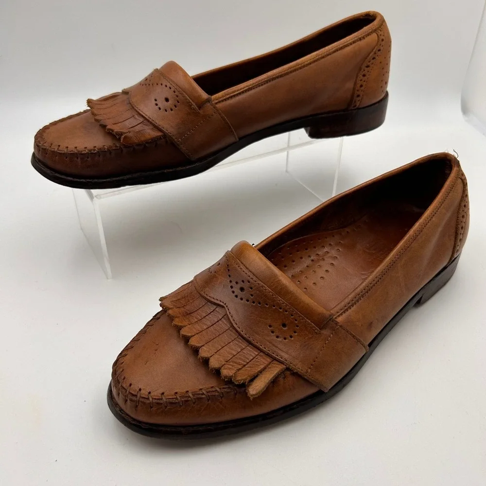 VTG Thornton Bay Kiltie Loafers Men 10 Brown Leather Brogue Made in Italy Preppy